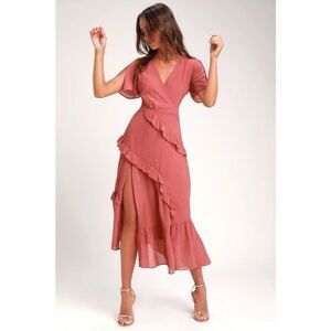 Lulus Next to You Rusty‎ Rose Swiss Dot Ruffled Midi Dress XS